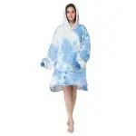 Patura tip hanorac cu blana pentru dama cu imprimeu si gluga, alb/albastru