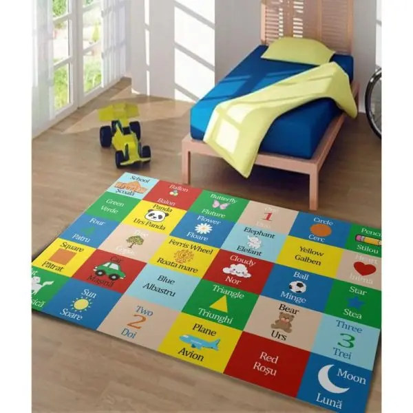 Covor Educativ Copii Model Romana/Engleza, Multicolor, Antiderapant 80 X 150 CM