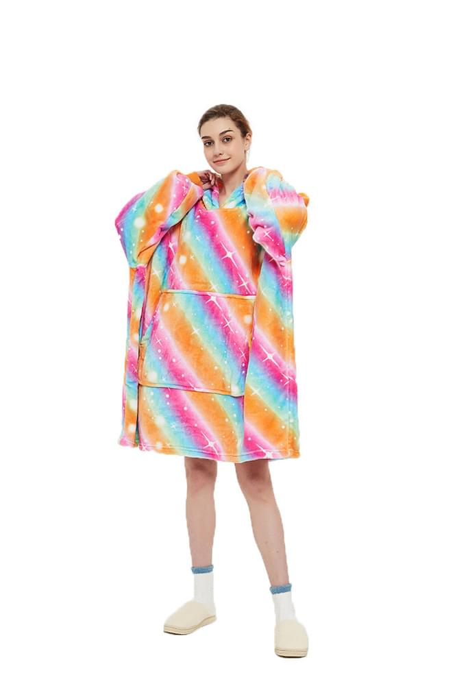 Patura tip hanorac multicolor cu blana pentru dama cu imprimeu si gluga, multicolor