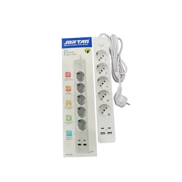 Prelungitor Jortan cu 5 Prize, Port-uri USB si Port-uri Type-C, Lungime 2 m, Buton Start/stop, Alb,