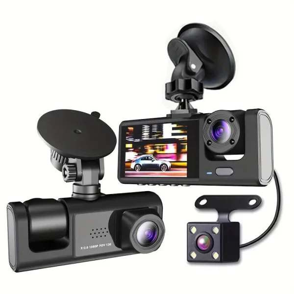 Camera auto tripla FullHD, 3 camere-fata/spate/interior, ecran 2''