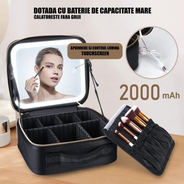 Geanta Cosmetica Pentru Make-up cu Oglinda LED+Set pensule machiaj - imagine 2
