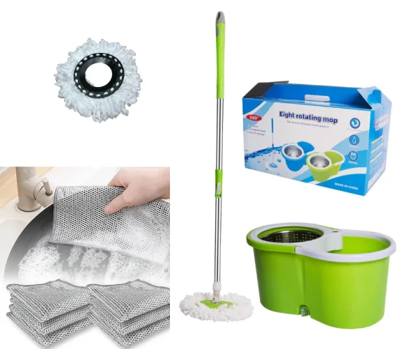 Mop Rotativ cuva Inox cu mâner telescopic + Set 3 Lavete din Fibra Abraziva Pentru Vase