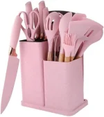 Set 19 ustensile pentru bucatarie din silicon, cu maner de lemn, suport si tocator Roz
