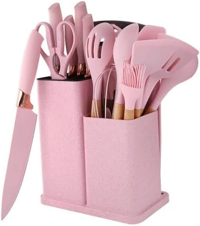 Set 19 ustensile pentru bucatarie din silicon, cu maner de lemn, suport si tocator Roz