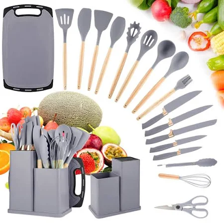 Set 19 ustensile pentru bucatarie din silicon, cu maner de lemn, suport si tocator Gri
