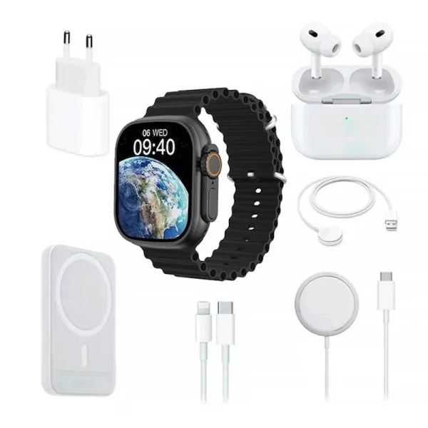 Smartwatch X8 , casti in-ear wireless, incarcator, cabluri, baterie externa, 8 in 1, negru