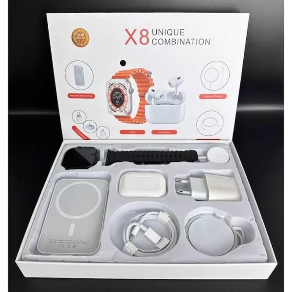 Smartwatch X8 , casti in-ear wireless, incarcator, cabluri, baterie externa, 8 in 1, negru - imagine 2