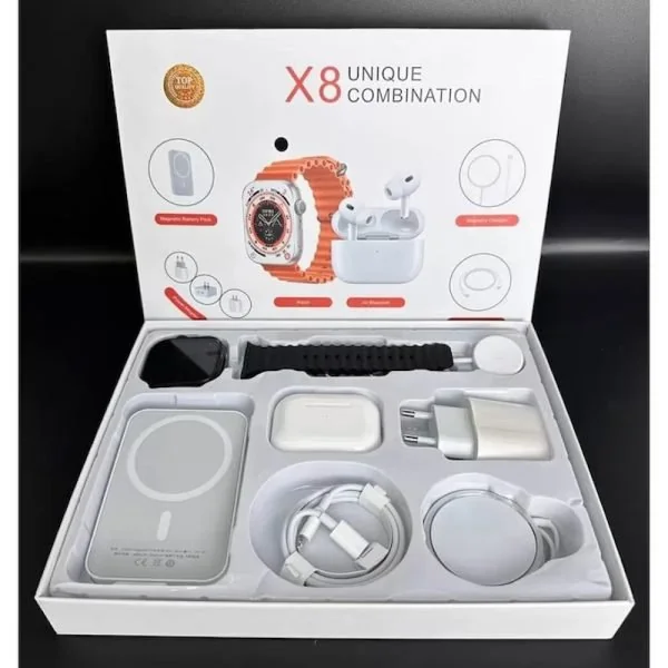 Smartwatch X8 , casti in-ear wireless, incarcator, cabluri, baterie externa, 8 in 1, negru - imagine 2